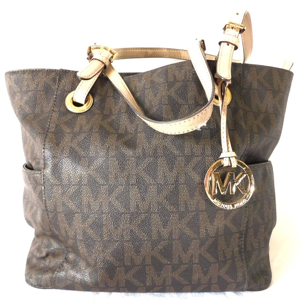 Large Michael Kors Brown Signature Natural Hide Leather Tote Handbag Purse